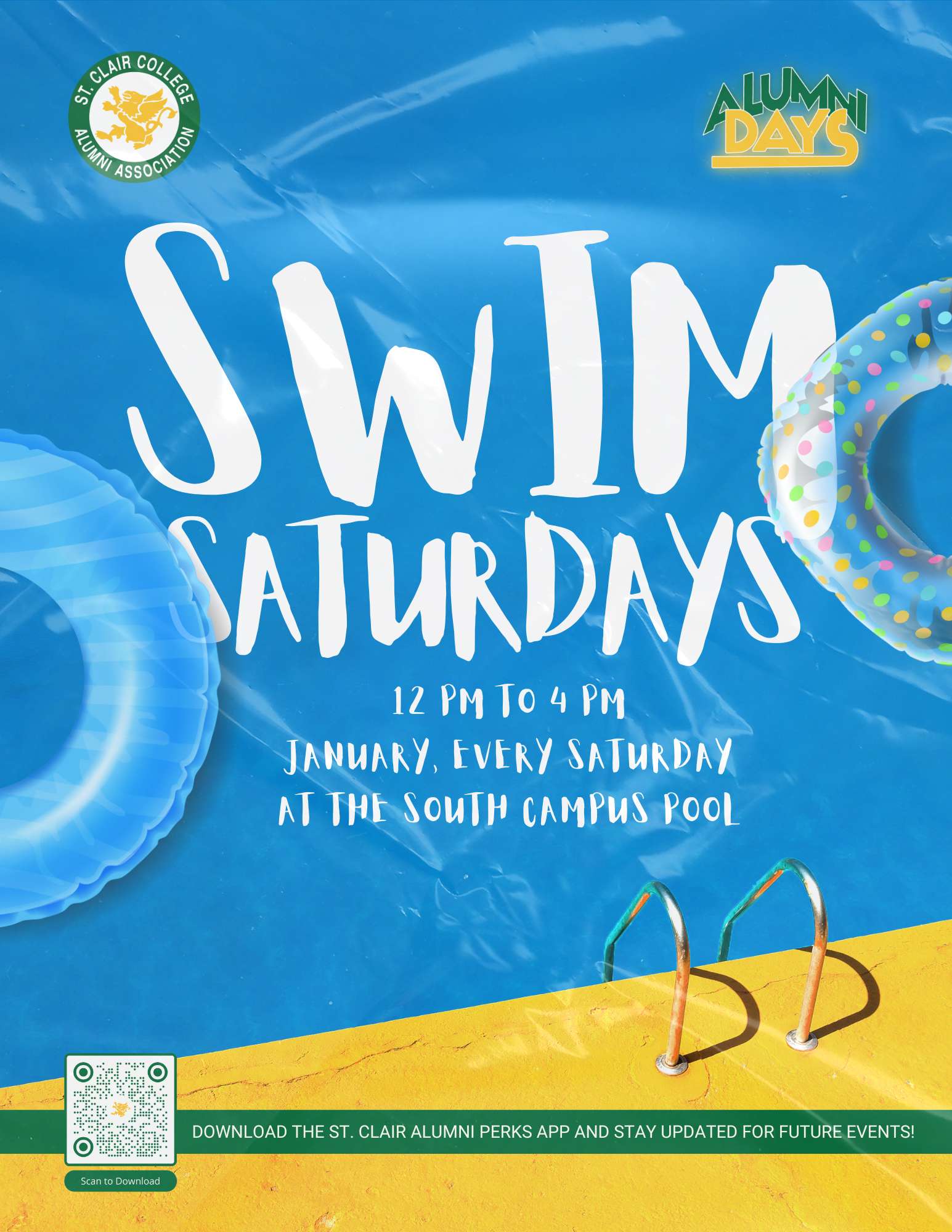 Alumni Days - Swim Saturdays - 12pm to 4pm, January, every Saturday at the South Campus pool