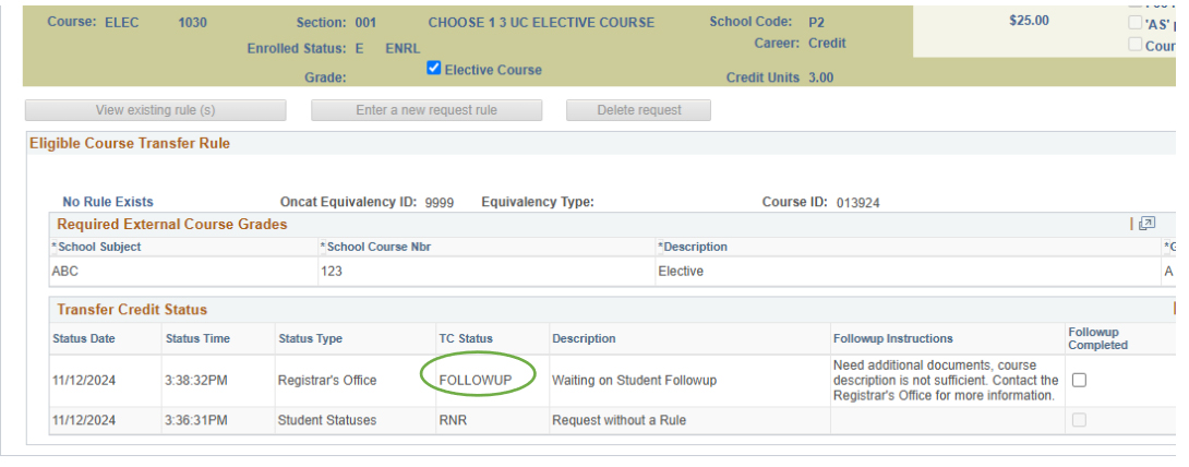 Screen showing followup