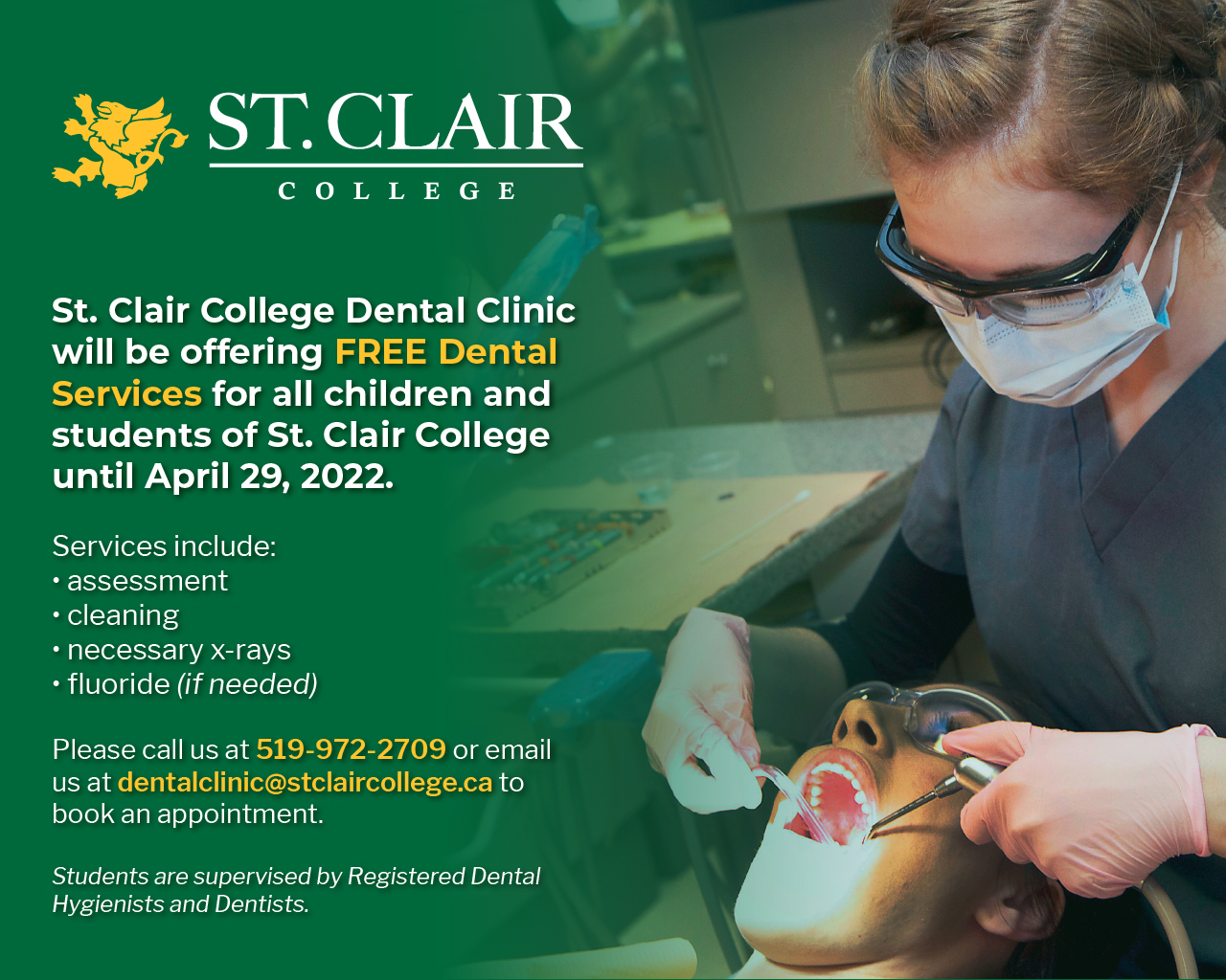 Free dental services for children and St. Clair College students until April 29, 2022
