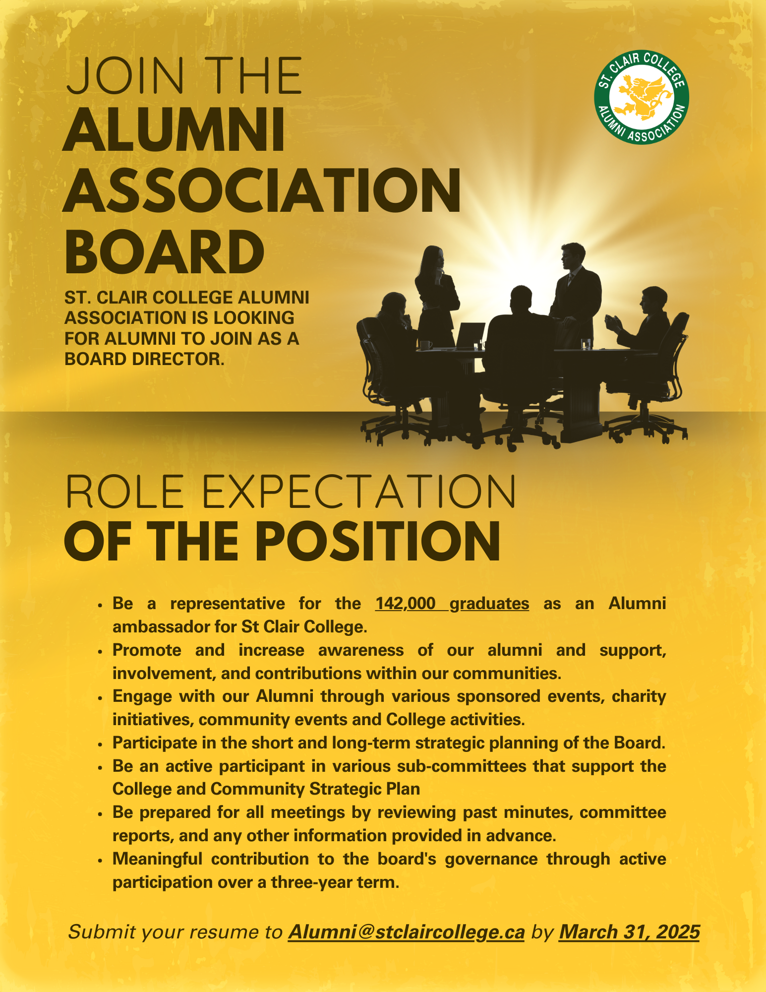 Join the Alumni Association Board as a Board Director. Email alumni@stclaircollege.ca by March 31, 2025 for more info or to submit your resume.