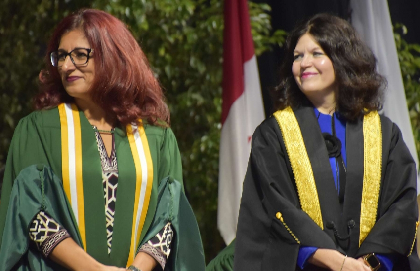 Nancy Jammu-Taylor, left, Chair of St. Clair College's Board of Governors, and President Patti France are pictured at last year's convocation.