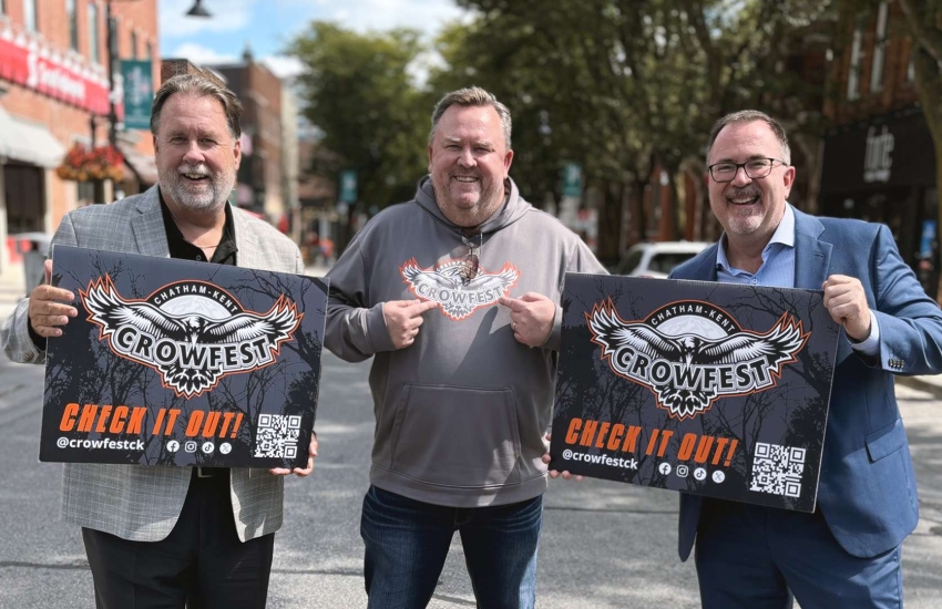 St. Clair College Senior VP John Fairley is joined by Crowfest co-chair Andrew Thiel and Chatham-Kent Mayor, Darrin Canniff