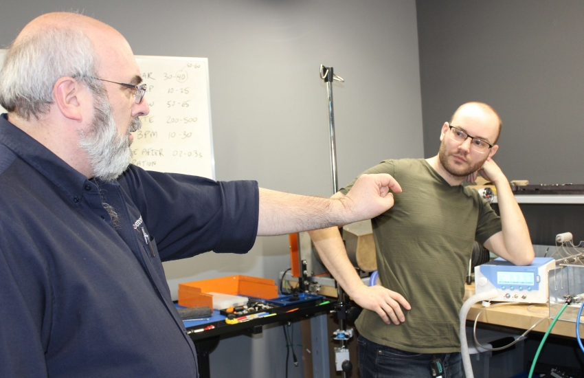 Larry Koscielski, Vice President of Process and Technology Development at CenterLine, discusses the ventilator project with James Durocher, from the faculty in BioMedical Engineering Technologies.