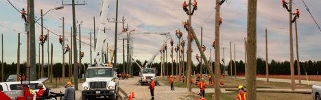 Powerline Technician students on powerline poles.
