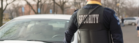 Security guard standing in front of vehicle.
