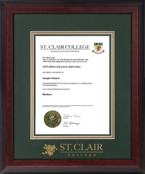 Linear framed diploma.